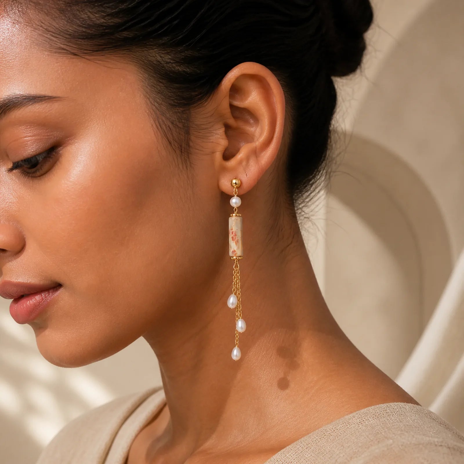 925 Sterling Silver Posts Shoushan Stone Pearl Healing Drop Earrings featuring Silver, Shoushan Stone, Pearl