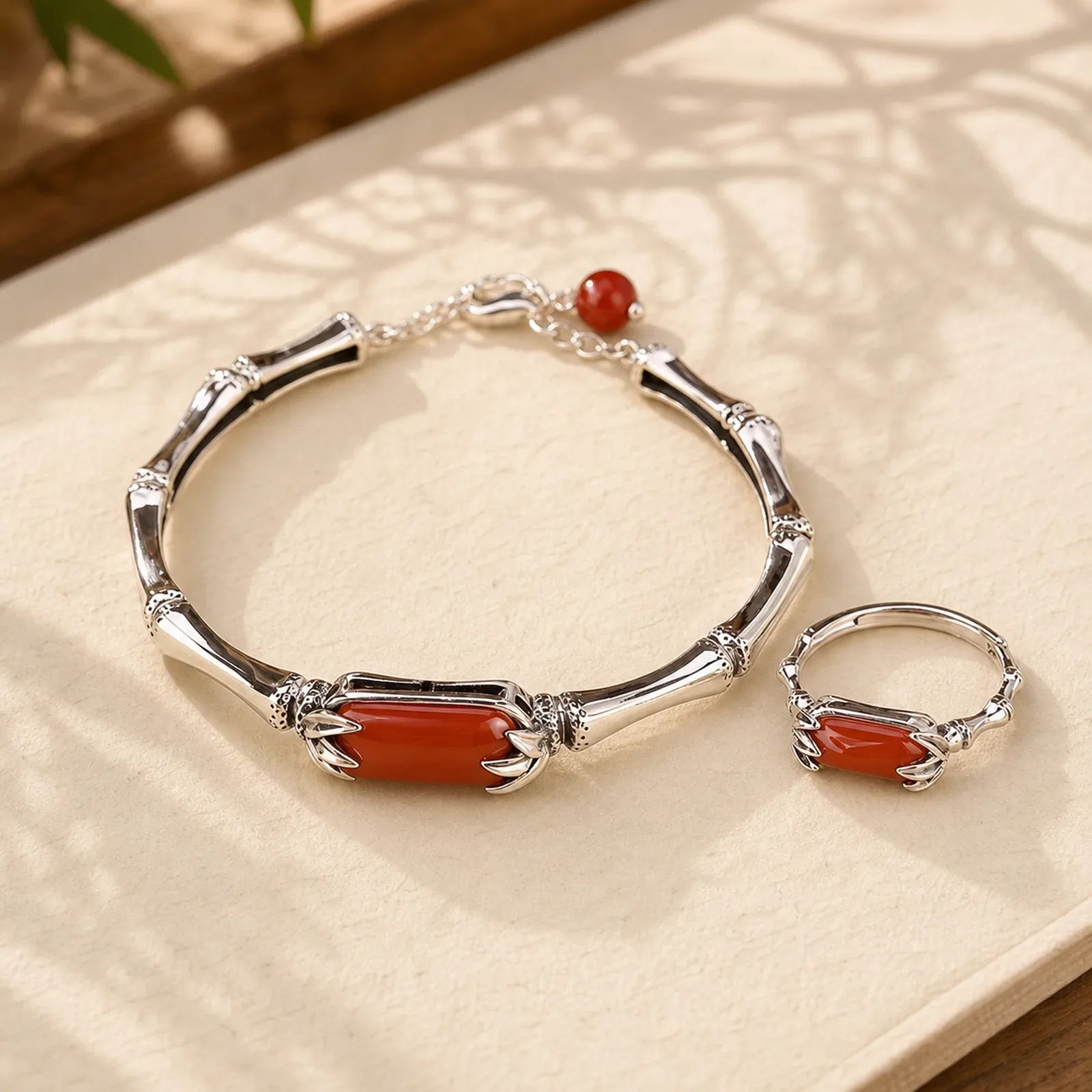 925 Sterling Silver Red Agate Bamboo Pattern Calm Bracelet Ring Jewelry Set (Extra 30% Off | USE CODE: FS30) featuring Silver, Red Agate, Bamboo