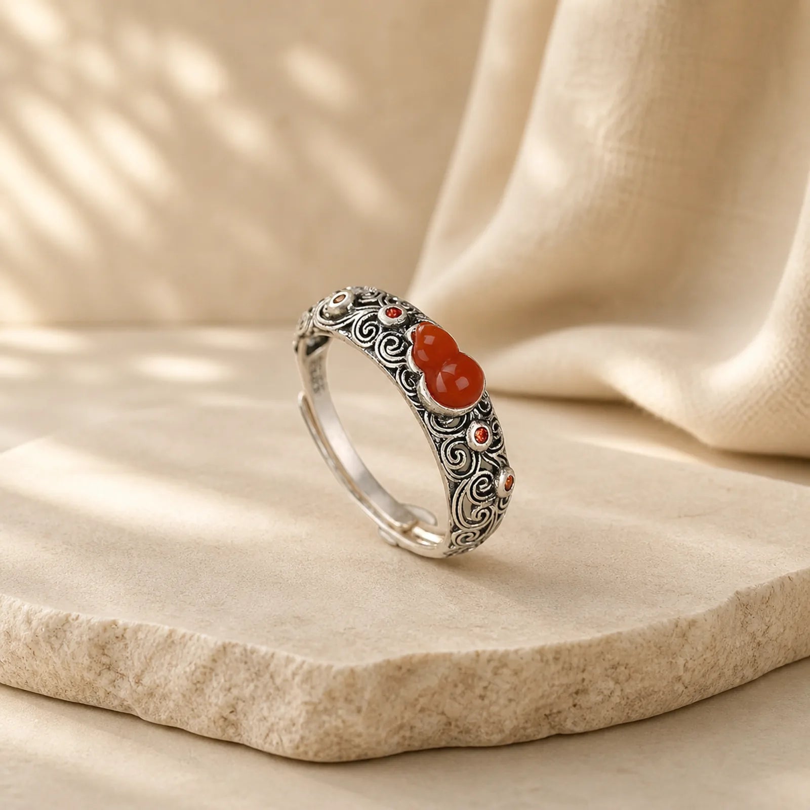 925 Sterling Silver Red Agate Cyan Jade Gourd Blessing Auspicious Ring featuring Silver, Red Agate, Cyan Jade