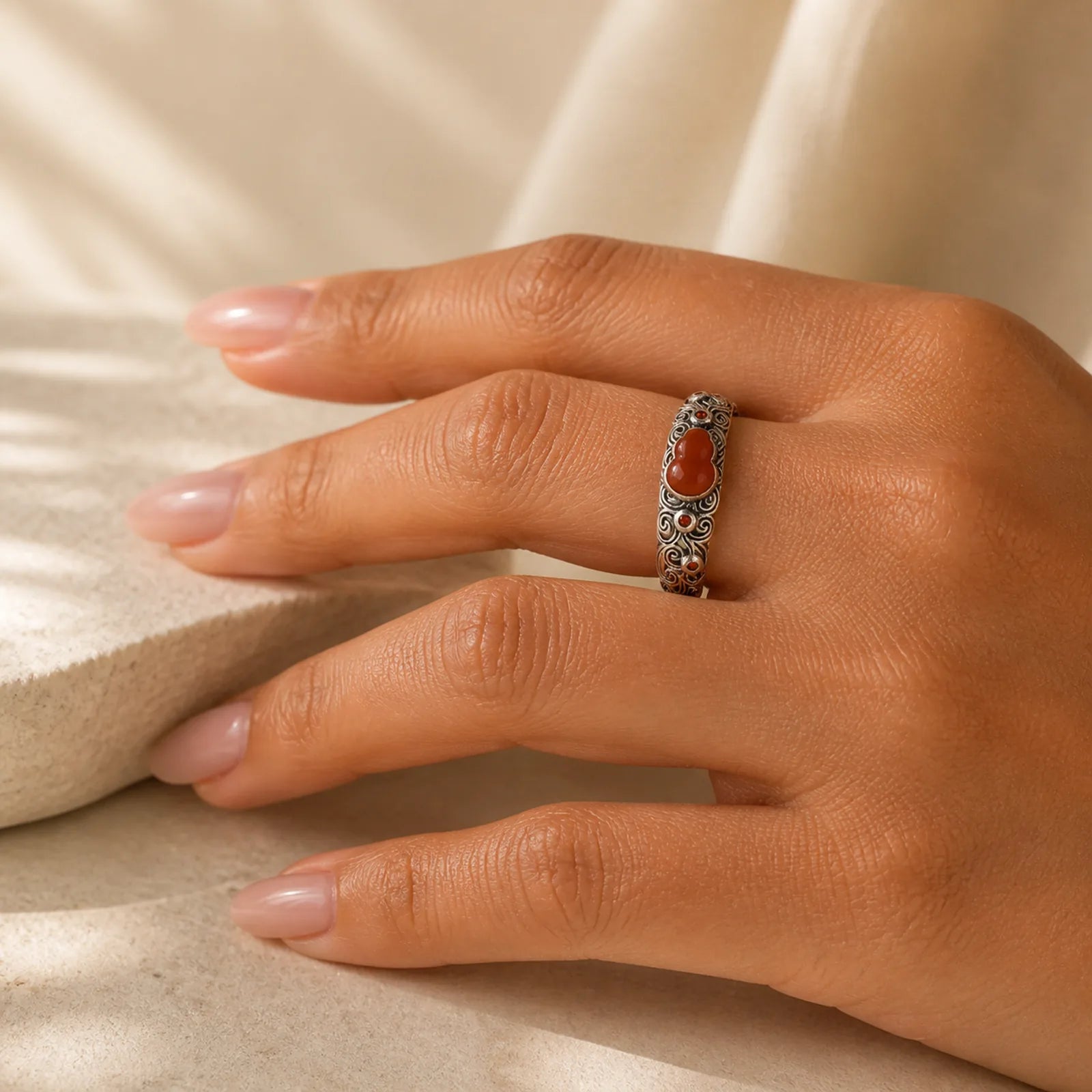 925 Sterling Silver Red Agate Cyan Jade Gourd Blessing Auspicious Ring featuring Silver, Red Agate, Cyan Jade