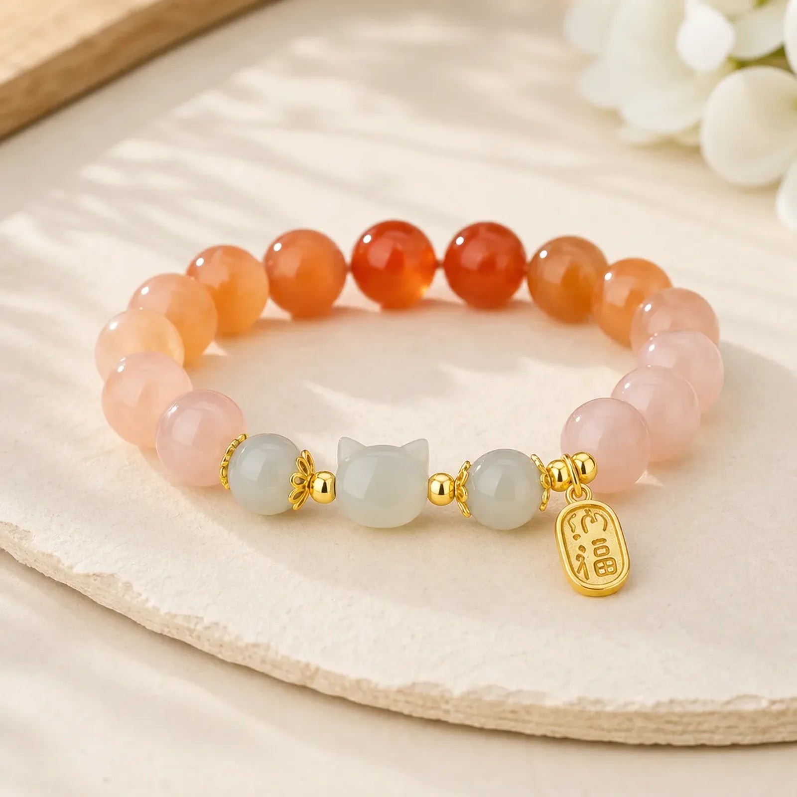 925 Sterling Silver Red Agate Hetian Jade Cat Fu Character Confidence Bracelet featuring Silver, Red Agate, Jade