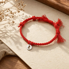 925 Sterling Silver Red String Protection Cat Round Hollow Design Charm Bracelet featuring Silver, Red String