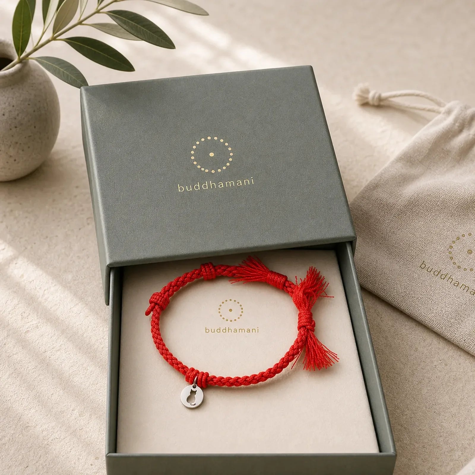 925 Sterling Silver Red String Protection Cat Round Hollow Design Charm Bracelet featuring Silver, Red String