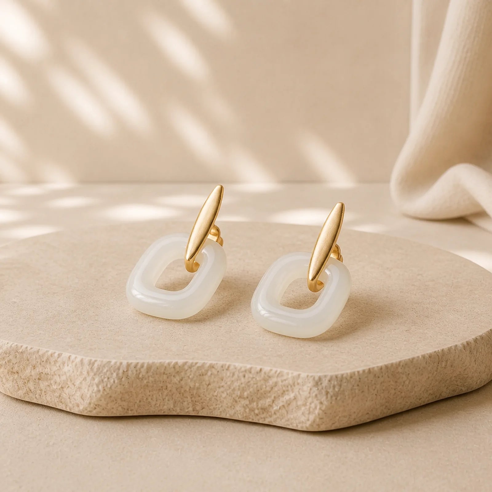 925 Sterling Silver Round White Jade Happiness Blessing Earrings featuring Silver, White Jade, Jade
