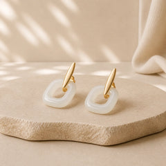 925 Sterling Silver Round White Jade Happiness Blessing Earrings featuring Silver, White Jade, Jade