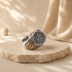 925 Sterling Silver Sanskrit Design Carved Protection Adjustable Ring featuring Silver, Copper