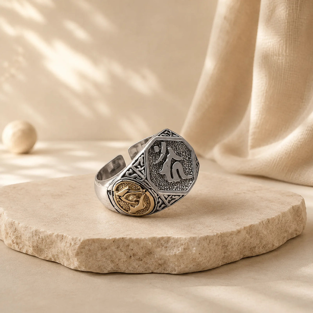 925 Sterling Silver Sanskrit Design Carved Protection Adjustable Ring featuring Silver, Copper