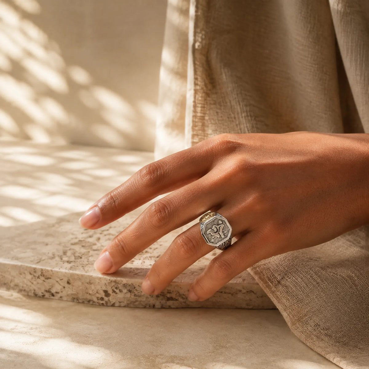 925 Sterling Silver Sanskrit Design Carved Protection Adjustable Ring featuring Silver, Copper