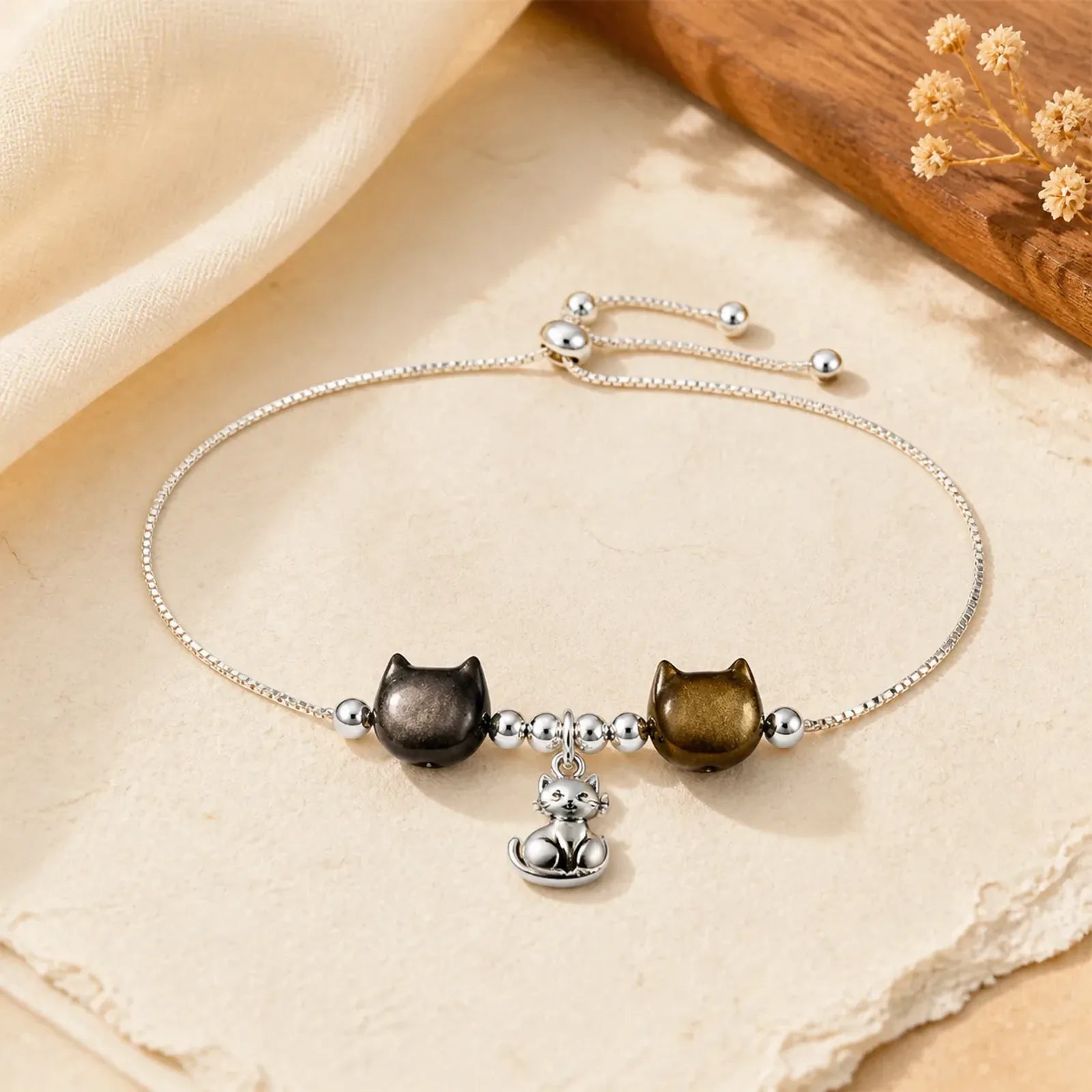 925 Sterling Silver Silver Sheen Obsidian Gold Sheen Obsidian Cat Soothing Bracelet featuring Silver, Silver Sheen Obsidian, Obsidian