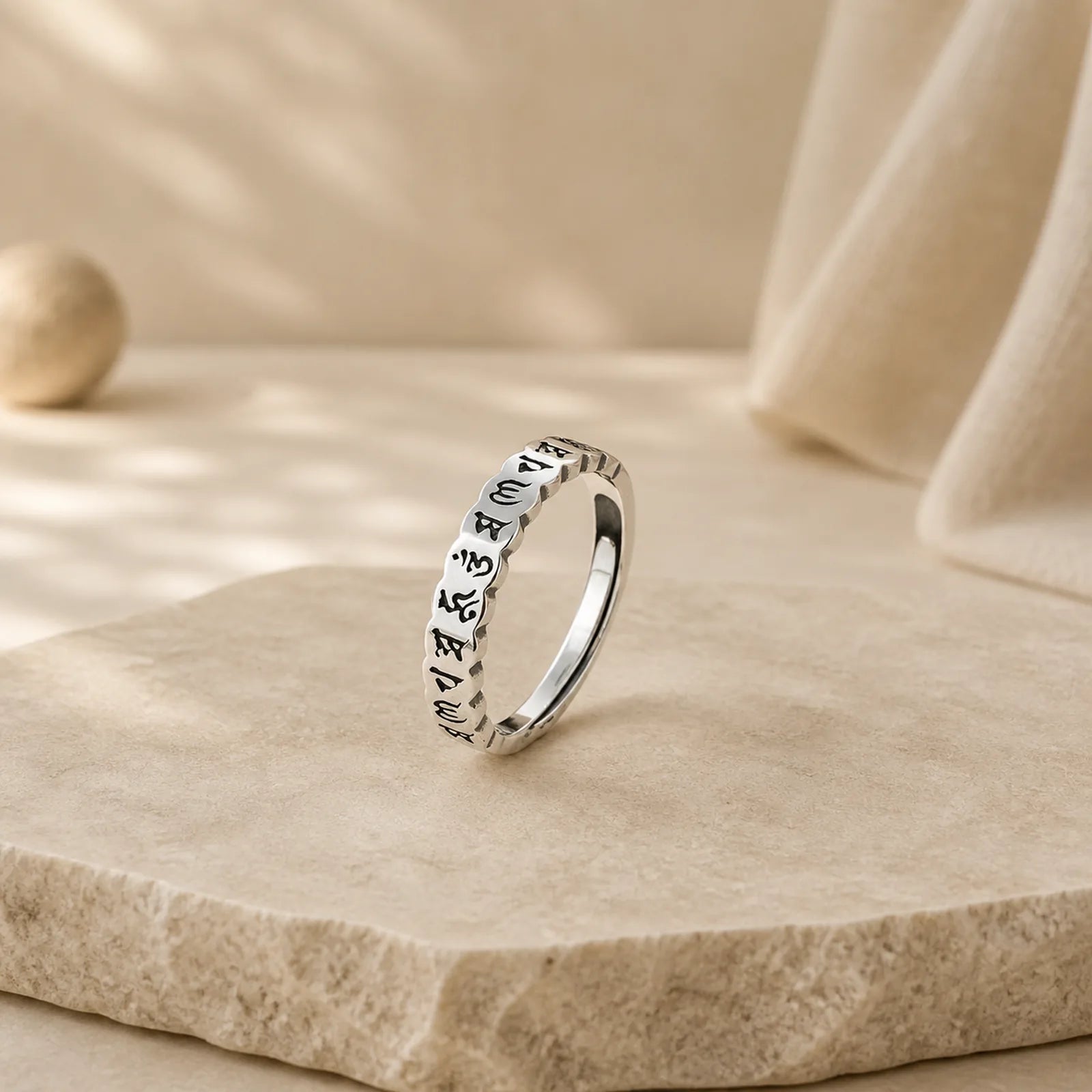 925 Sterling Silver Six True Words Calm Wisdom Ring featuring Silver, Om, Six True Words (Om Mani Padme Hum)