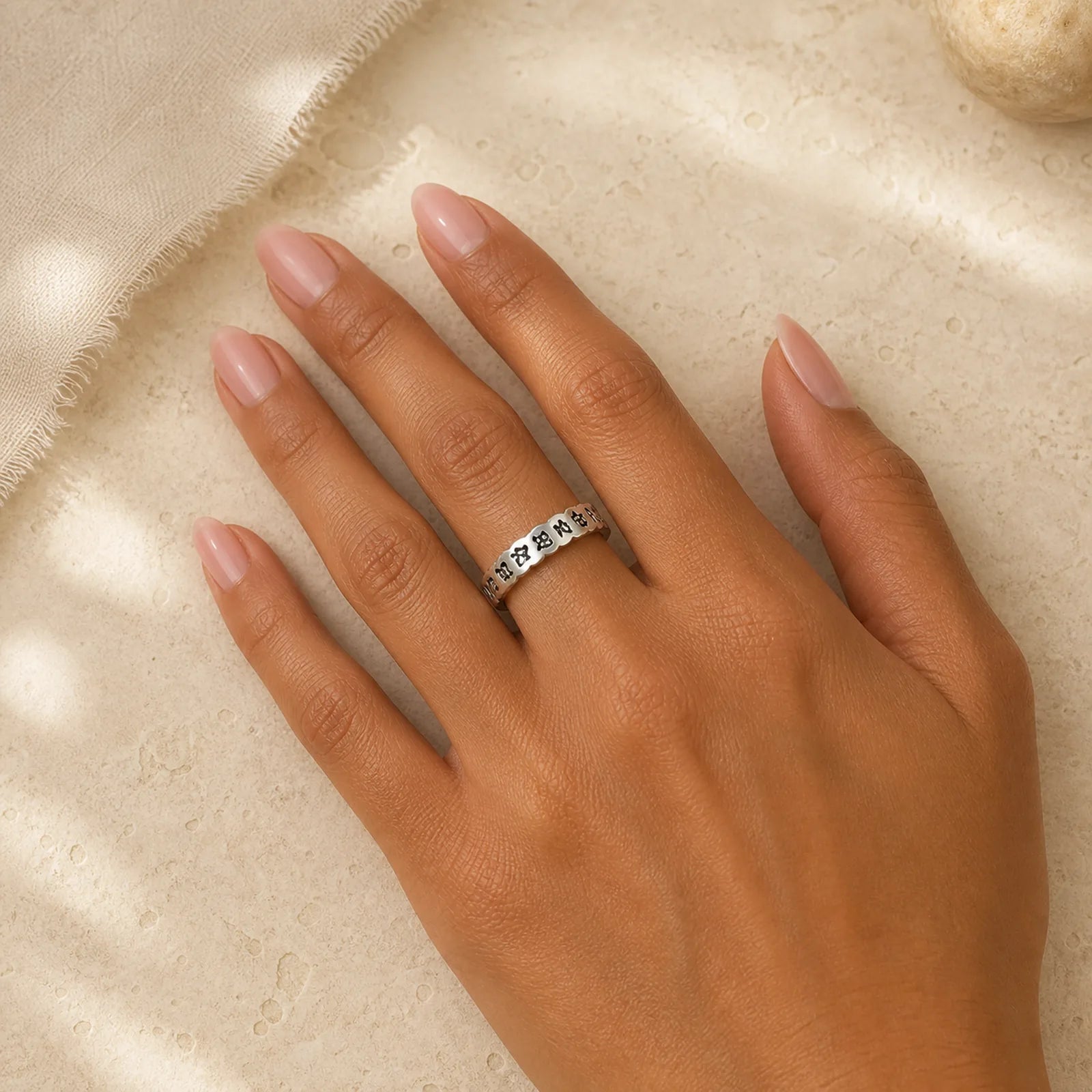 925 Sterling Silver Six True Words Calm Wisdom Ring featuring Silver, Om, Six True Words (Om Mani Padme Hum)