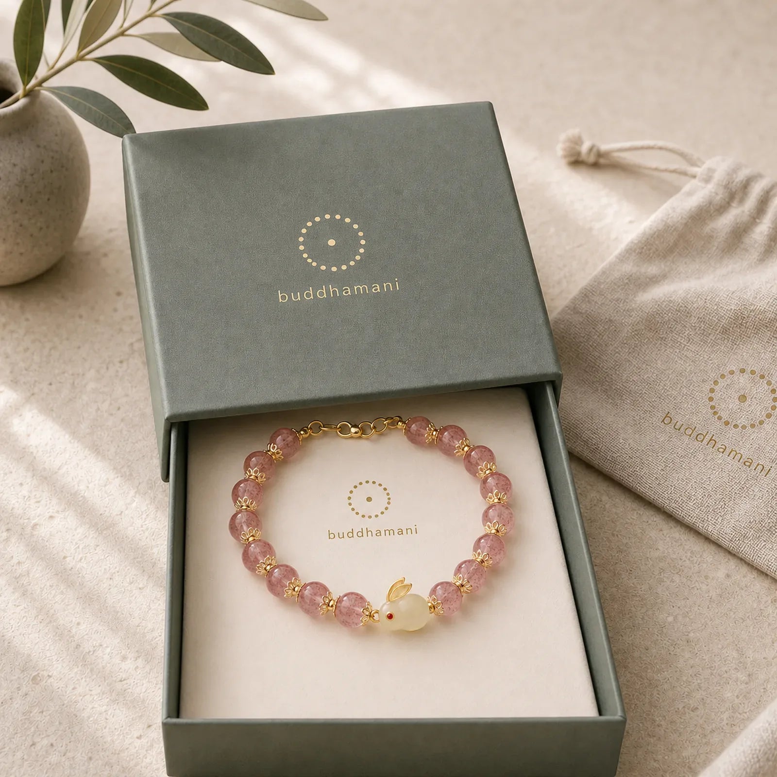 925 Sterling Silver Strawberry Quartz Year of the Rabbit Hetian Jade Moonstone Healing Bracelet (Extra 35% Off | USE CODE: FS35) featuring Silver, Strawberry Quartz, Jade