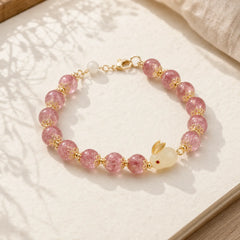 925 Sterling Silver Strawberry Quartz Year of the Rabbit Hetian Jade Moonstone Healing Bracelet (Extra 35% Off | USE CODE: FS35) featuring Silver, Strawberry Quartz, Jade