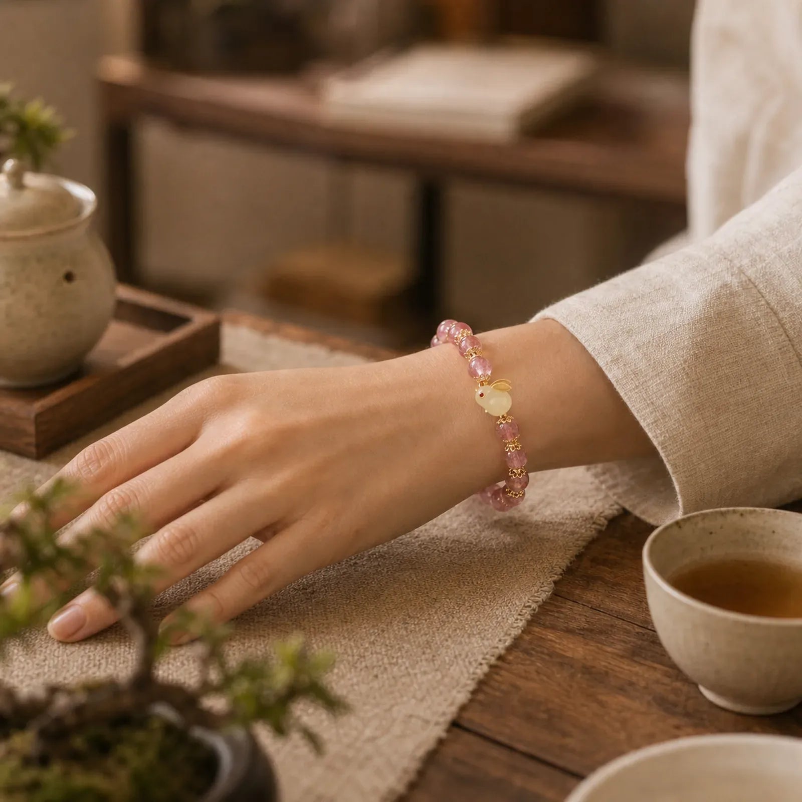 925 Sterling Silver Strawberry Quartz Year of the Rabbit Hetian Jade Moonstone Healing Bracelet (Extra 35% Off | USE CODE: FS35) featuring Silver, Strawberry Quartz, Jade
