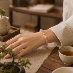 925 Sterling Silver Strawberry Quartz Year of the Rabbit Hetian Jade Moonstone Healing Bracelet (Extra 35% Off | USE CODE: FS35) featuring Silver, Strawberry Quartz, Jade