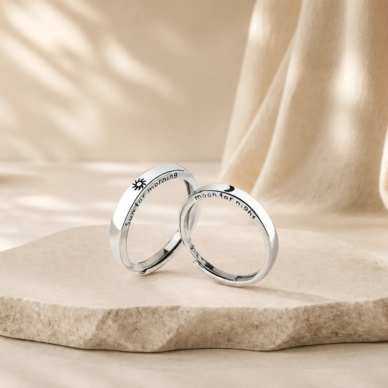 925 Sterling Silver Sun Moon Protection Adjustable Couple Ring featuring Silver