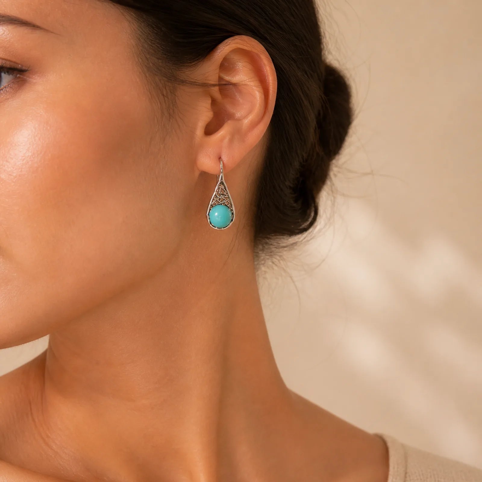 925 Sterling Silver Turquoise Beaded Pattern Protection Drop Dangle Earrings featuring Silver, Turquoise