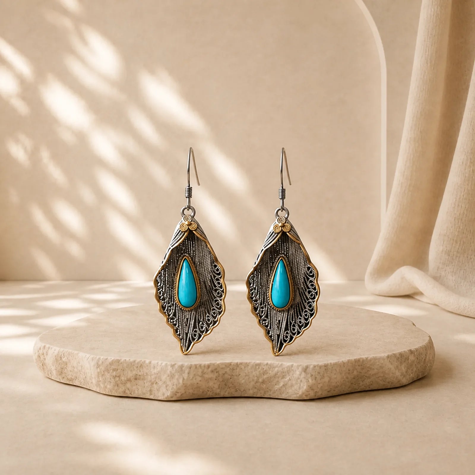 925 Sterling Silver Turquoise Bodhi Leaf Pattern Protection Drop Dangle Earrings featuring Silver, Turquoise