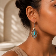 925 Sterling Silver Turquoise Bodhi Leaf Pattern Protection Drop Dangle Earrings featuring Silver, Turquoise