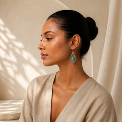 925 Sterling Silver Turquoise Bodhi Leaf Pattern Protection Drop Dangle Earrings featuring Silver, Turquoise