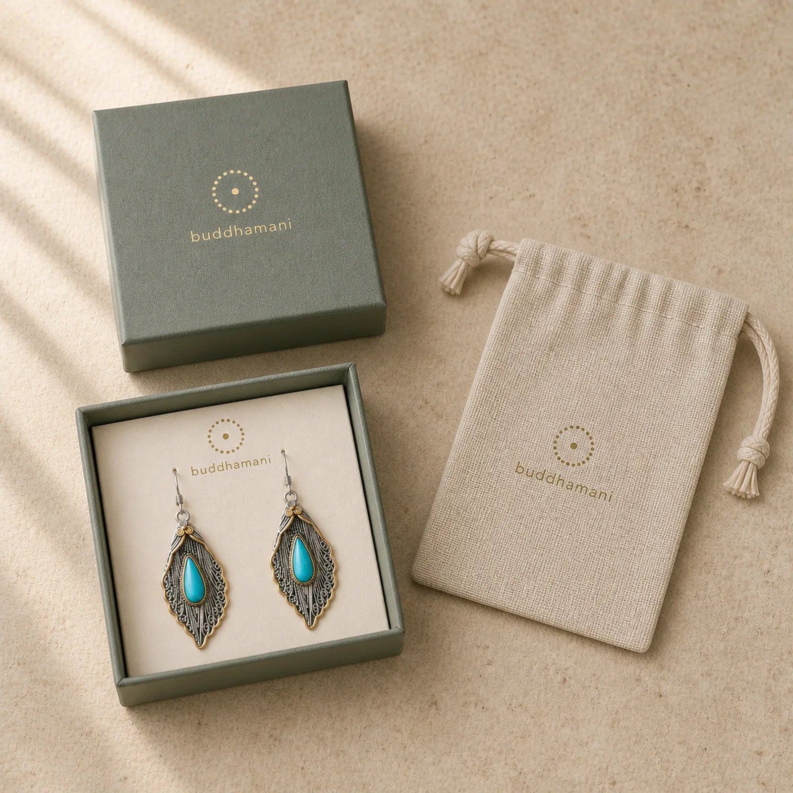 925 Sterling Silver Turquoise Bodhi Leaf Pattern Protection Drop Dangle Earrings featuring Silver, Turquoise