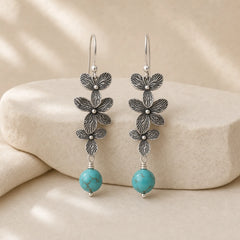 925 Sterling Silver Turquoise Lazurite Flower Leaf Serenity Protection Hook Drop Dangle Earrings featuring Silver, Turquoise, Lapis Lazuli (Lazurite)