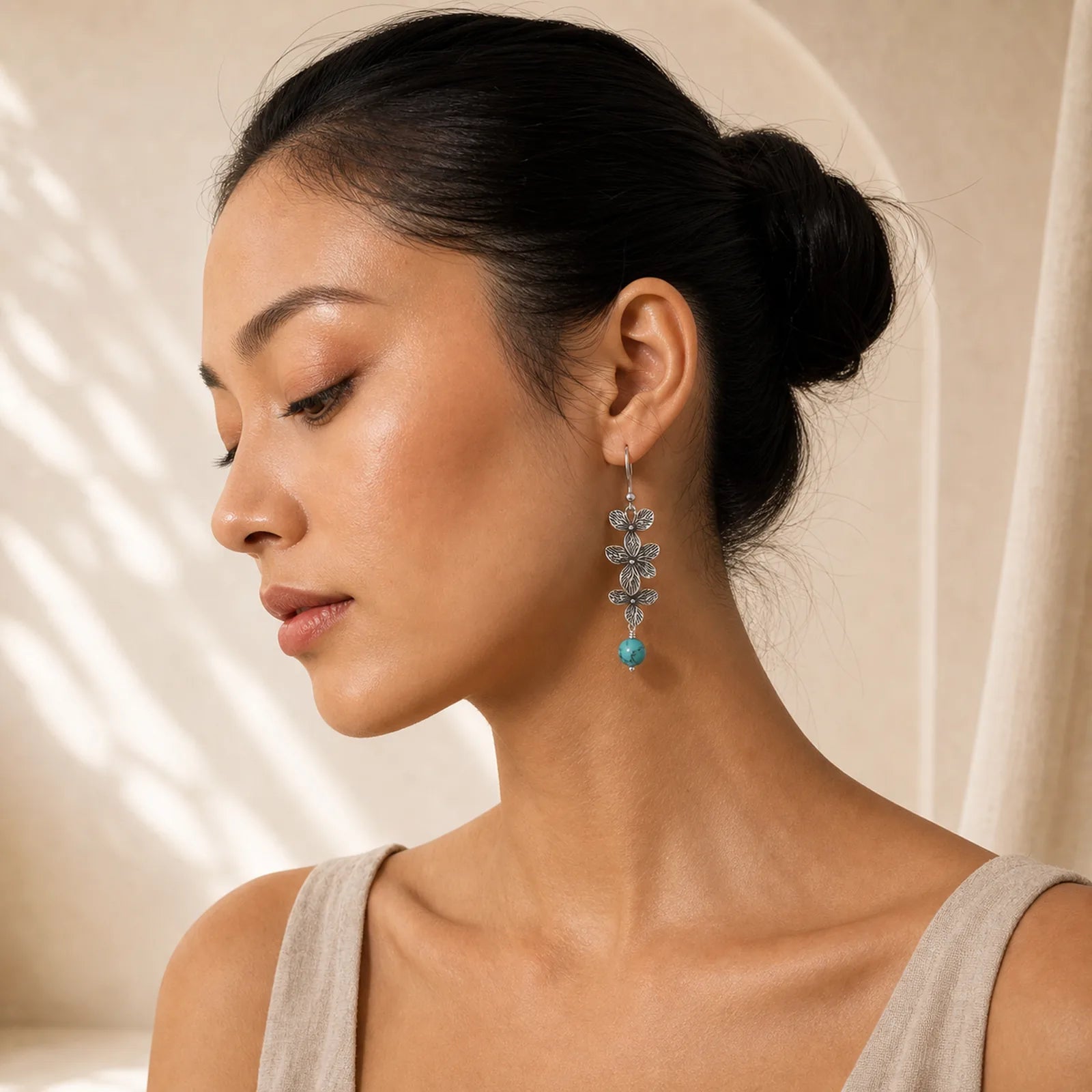 925 Sterling Silver Turquoise Lazurite Flower Leaf Serenity Protection Hook Drop Dangle Earrings featuring Silver, Turquoise, Lapis Lazuli (Lazurite)