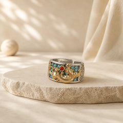 925 Sterling Silver Turquoise Red Agate PiXiu Abacus Protection Ring featuring Silver, Turquoise, Red Agate
