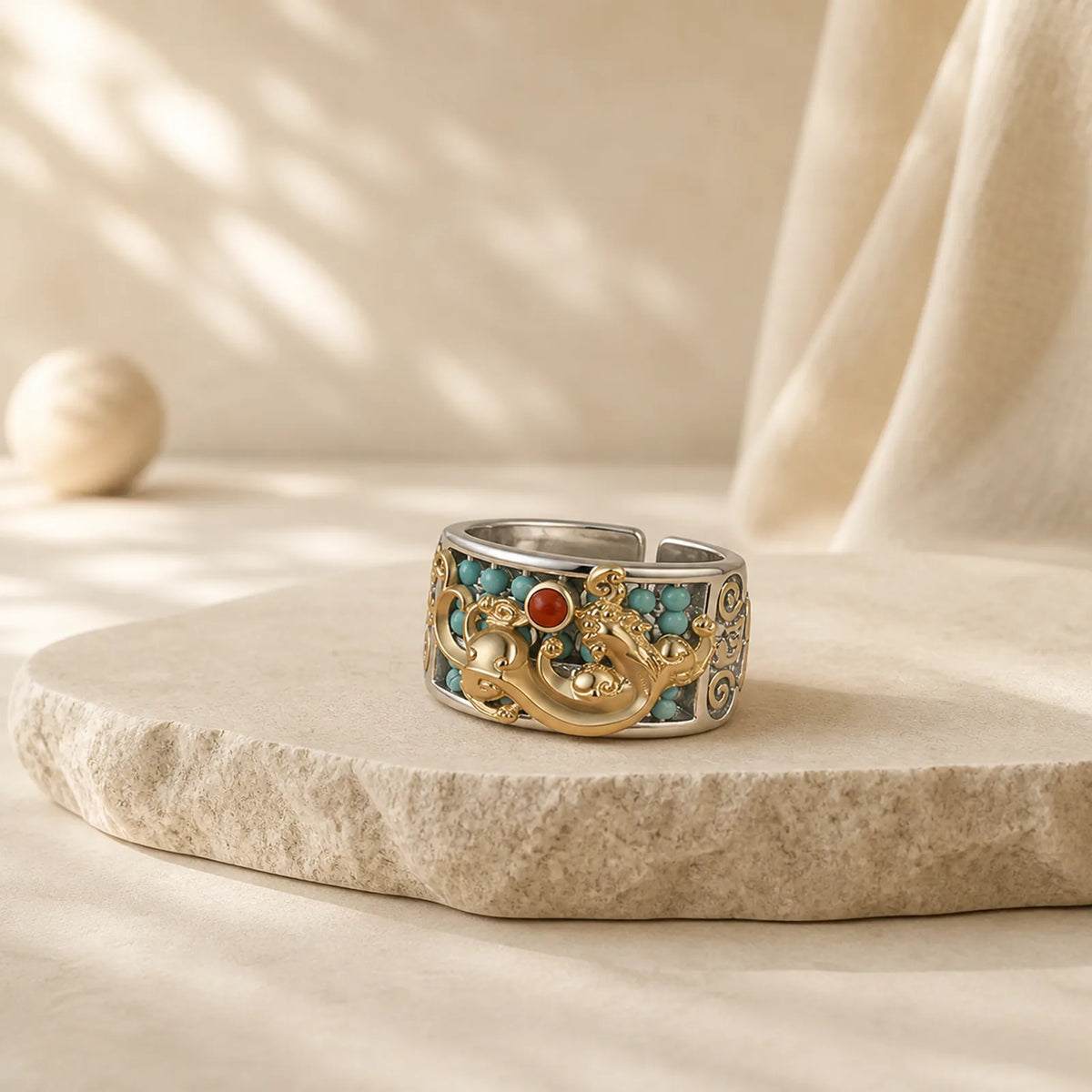 925 Sterling Silver Turquoise Red Agate PiXiu Abacus Protection Ring featuring Silver, Turquoise, Red Agate