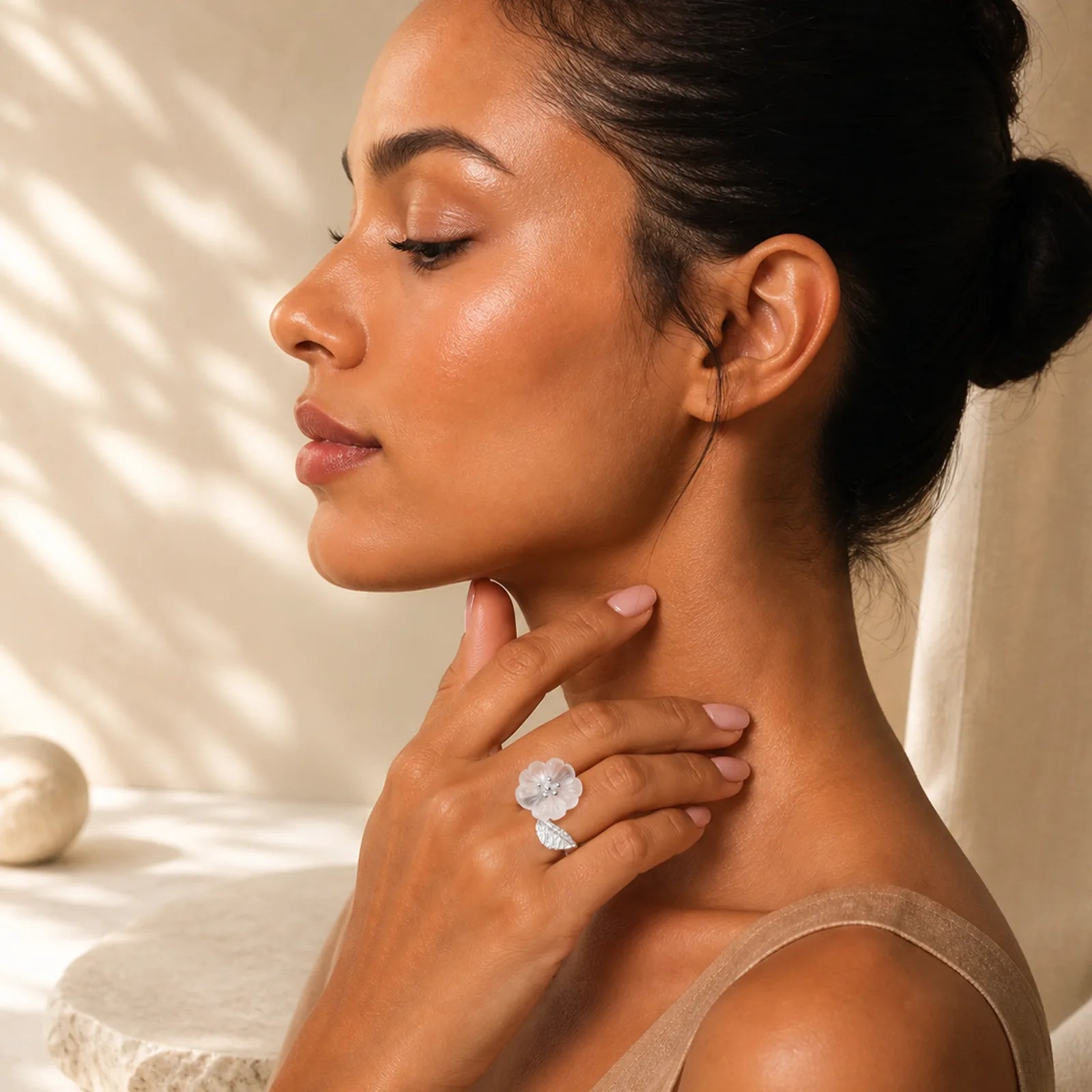 925 Sterling Silver White Crystal Skeleton Flower Adjustable Healing Ring featuring Silver, Clear Quartz / White Crystal