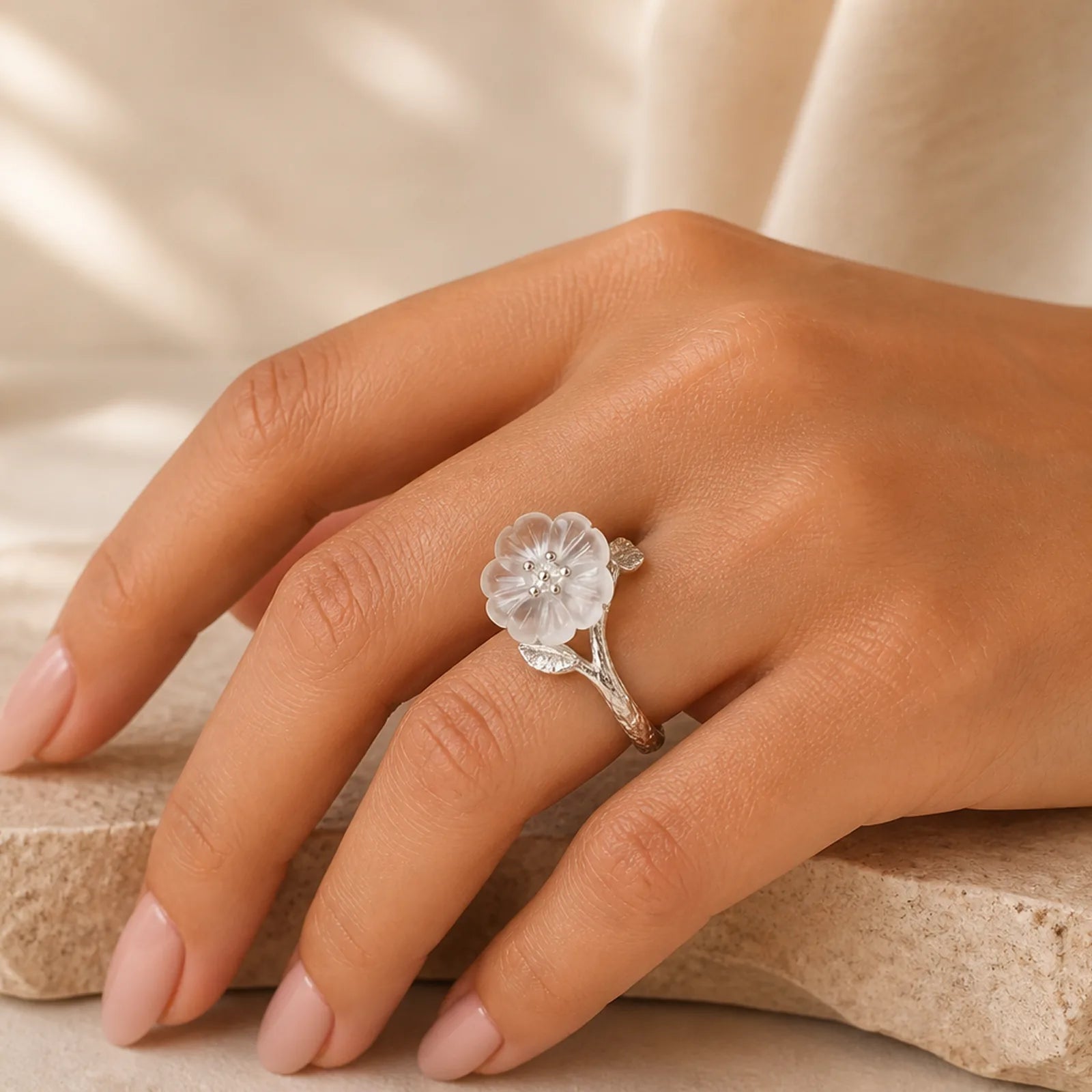 925 Sterling Silver White Crystal Skeleton Flower Adjustable Healing Ring featuring Silver, Clear Quartz / White Crystal