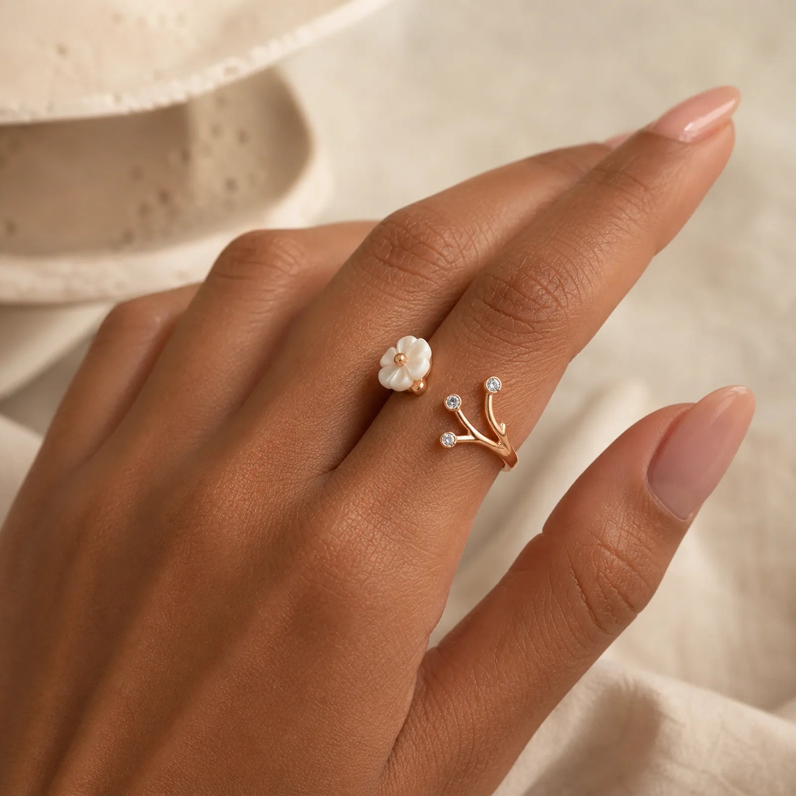 925 Sterling Silver White Flower Design Adjustable Blessing Ring featuring Silver