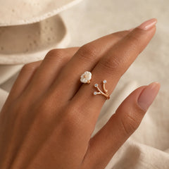 925 Sterling Silver White Flower Design Adjustable Blessing Ring featuring Silver