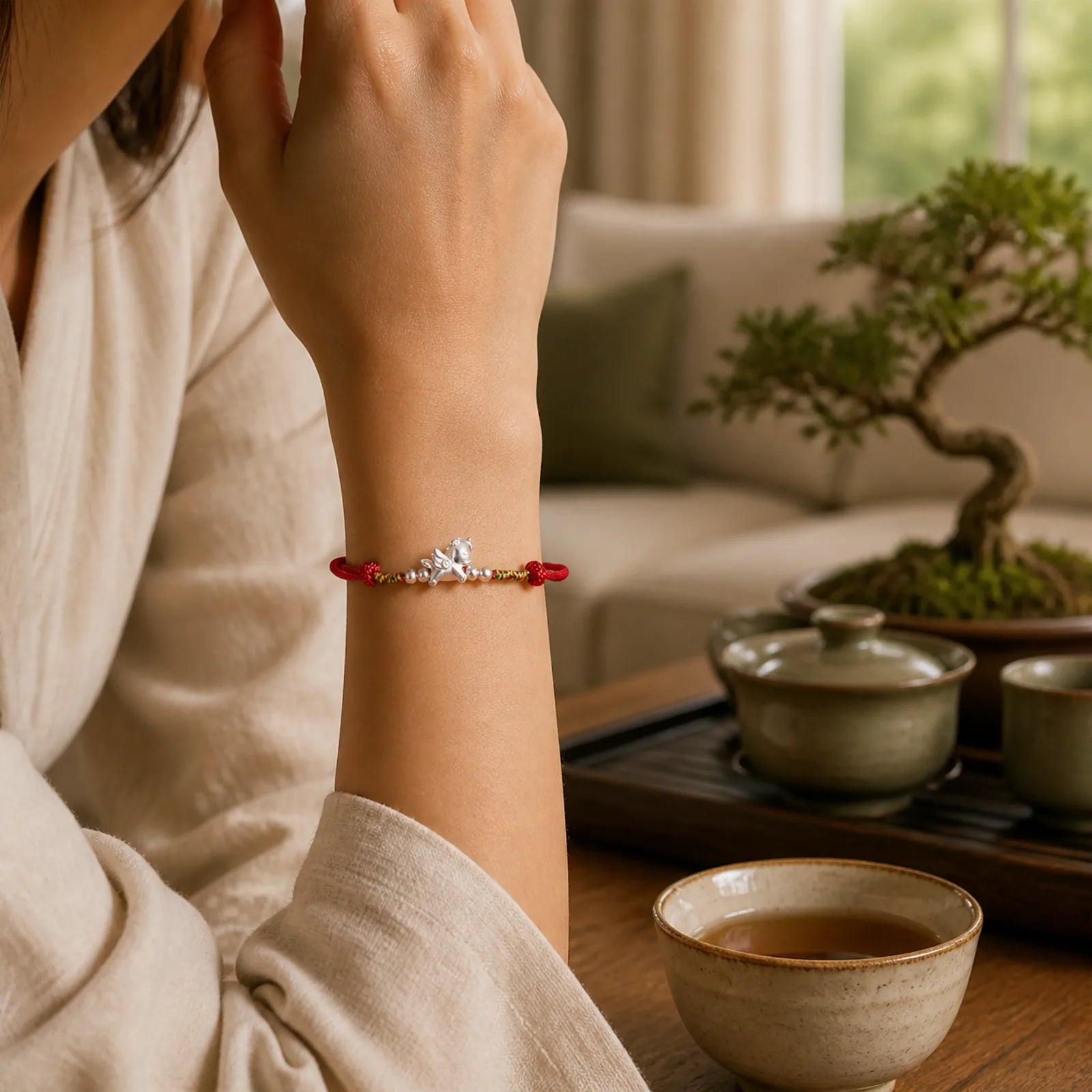 925 Sterling Silver Year Of The Horse Prosperity String Bracelet featuring Silver, Horse, Red String