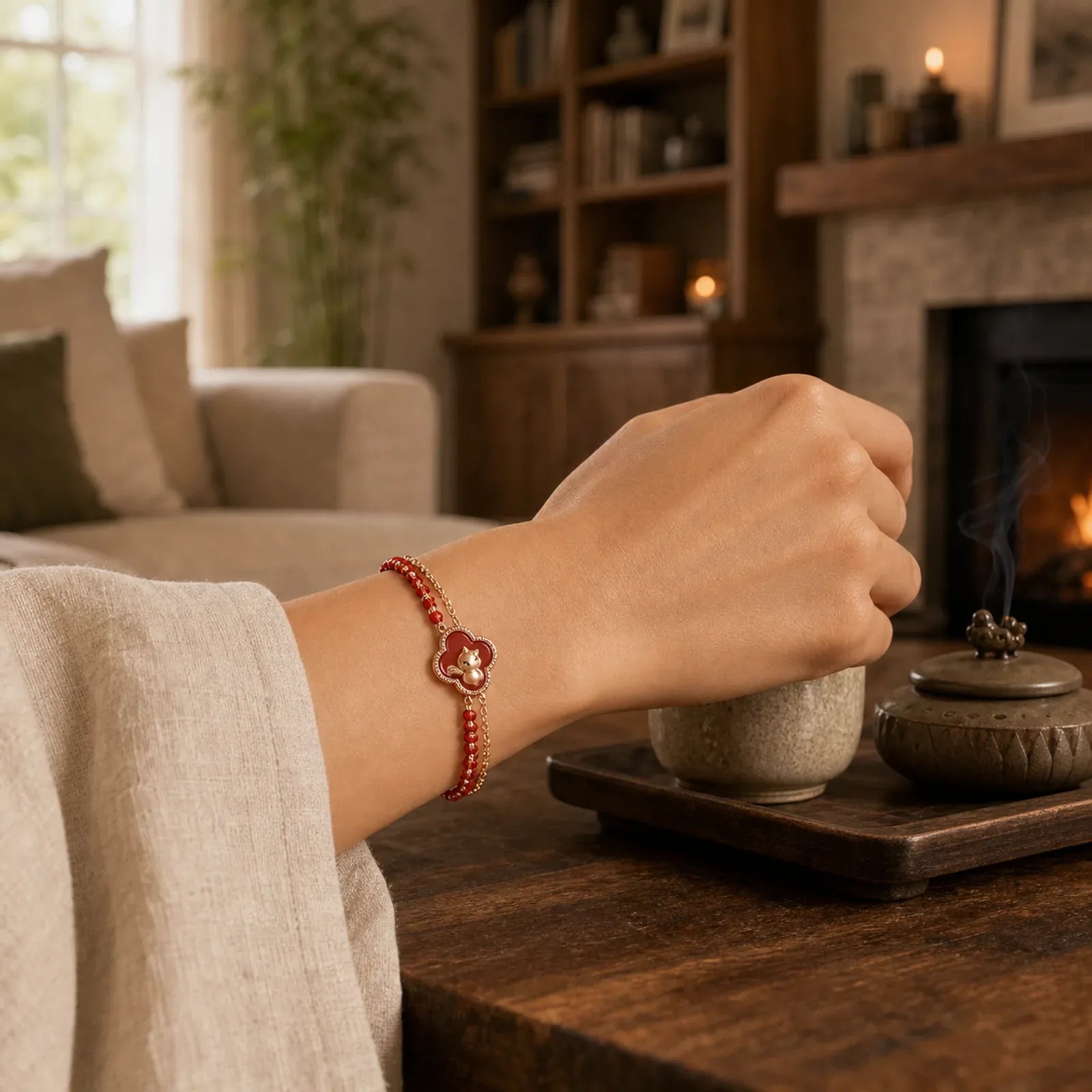 925 Sterling Silver Year Of The Horse Red Agate Hetian Jade Confidence Bracelet featuring Silver, Horse, Red Agate