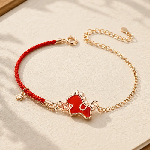 925 Sterling Silver Year Of The Horse Red String Red Agate Coin Charm Luck Bracelet featuring Silver, Horse, Red String