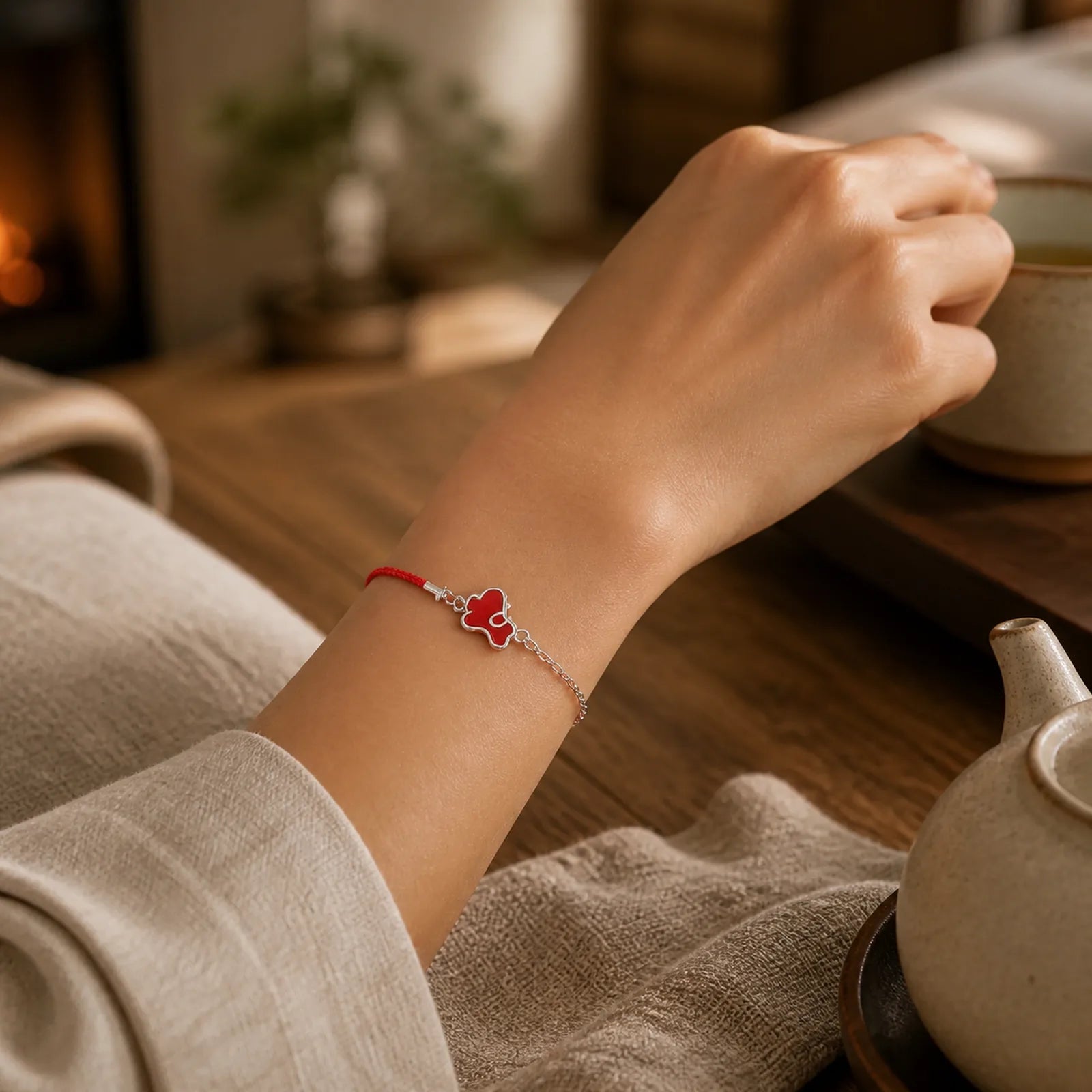 925 Sterling Silver Year Of The Horse Red String Red Agate Coin Charm Luck Bracelet featuring Silver, Horse, Red String