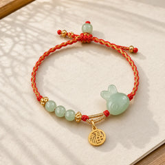 925 Sterling Silver Year of the Rabbit Hetian Jade Happiness Luck Red String Bracelet featuring Silver, Jade, Red String