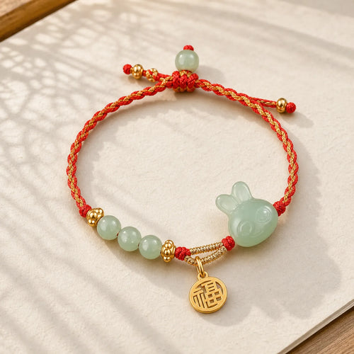 925 Sterling Silver Year of the Rabbit Hetian Jade Happiness Luck Red String Bracelet featuring Silver, Jade, Red String