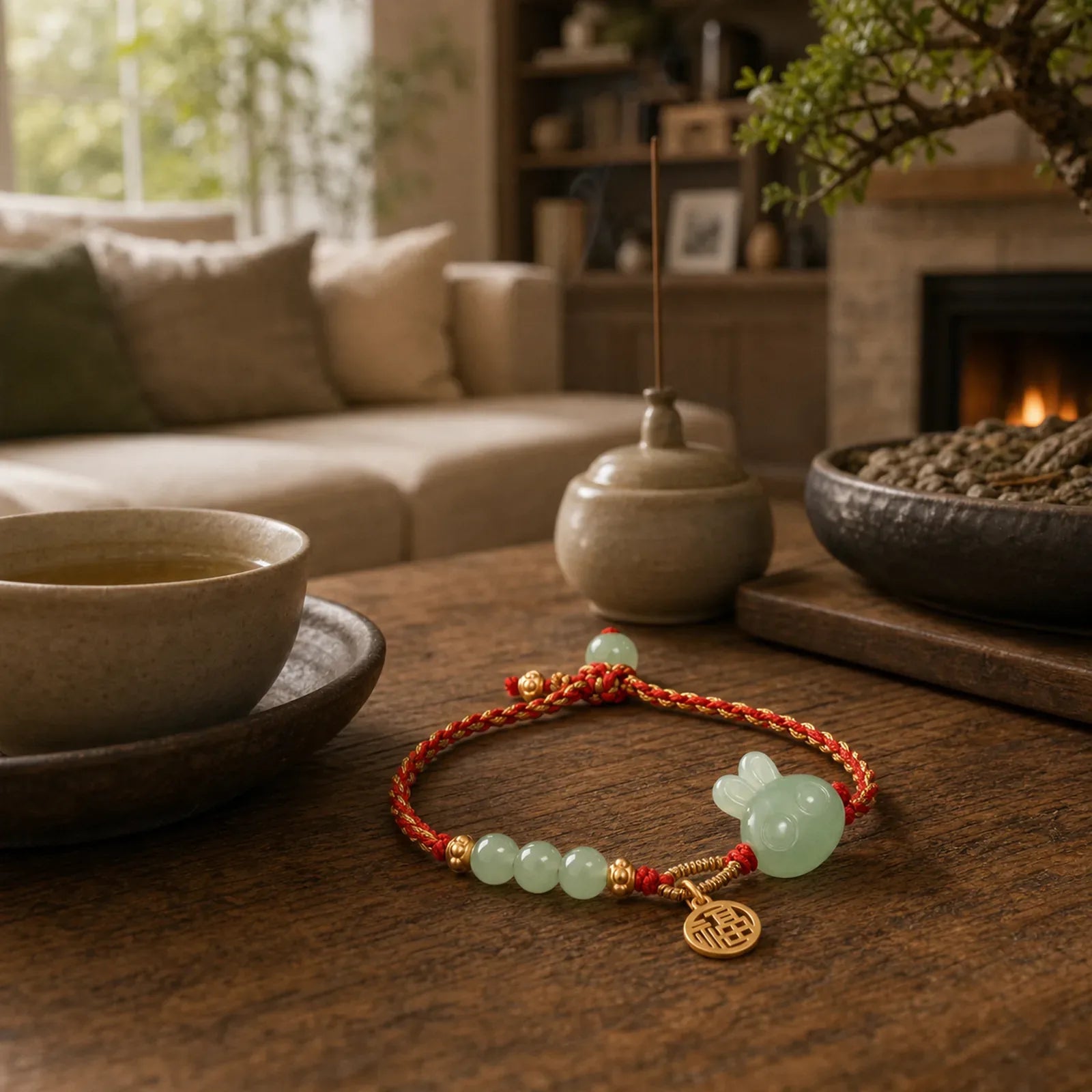 925 Sterling Silver Year of the Rabbit Hetian Jade Happiness Luck Red String Bracelet featuring Silver, Jade, Red String