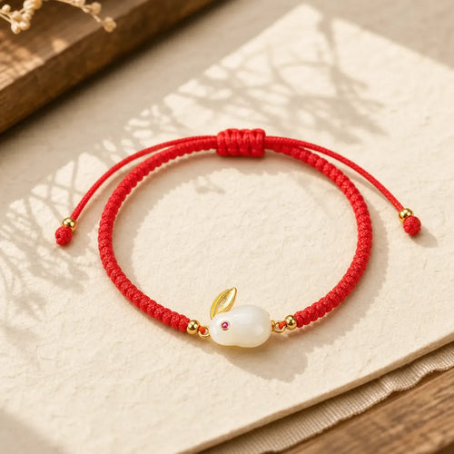 925 Sterling Silver Year of the Rabbit Hetian White Jade Luck Red String Protection Bracelet featuring Silver, White Jade, Jade