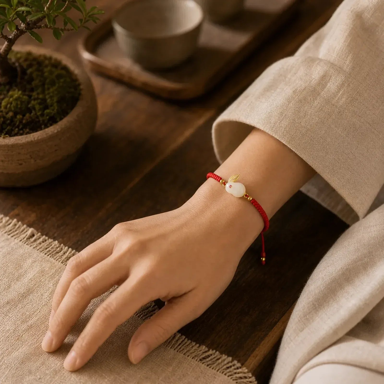 925 Sterling Silver Year of the Rabbit Hetian White Jade Luck Red String Protection Bracelet featuring Silver, White Jade, Jade