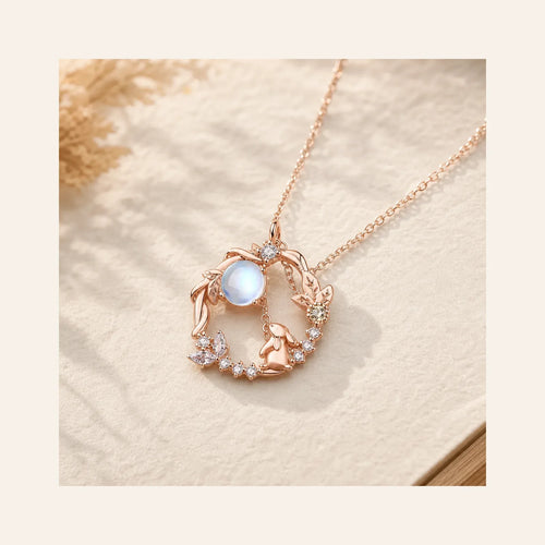 925 Sterling Silver Year of the Rabbit Moonstone Moon Flower Pattern Necklace Pendant Bracelet Earrings featuring Silver, Moonstone, Jade