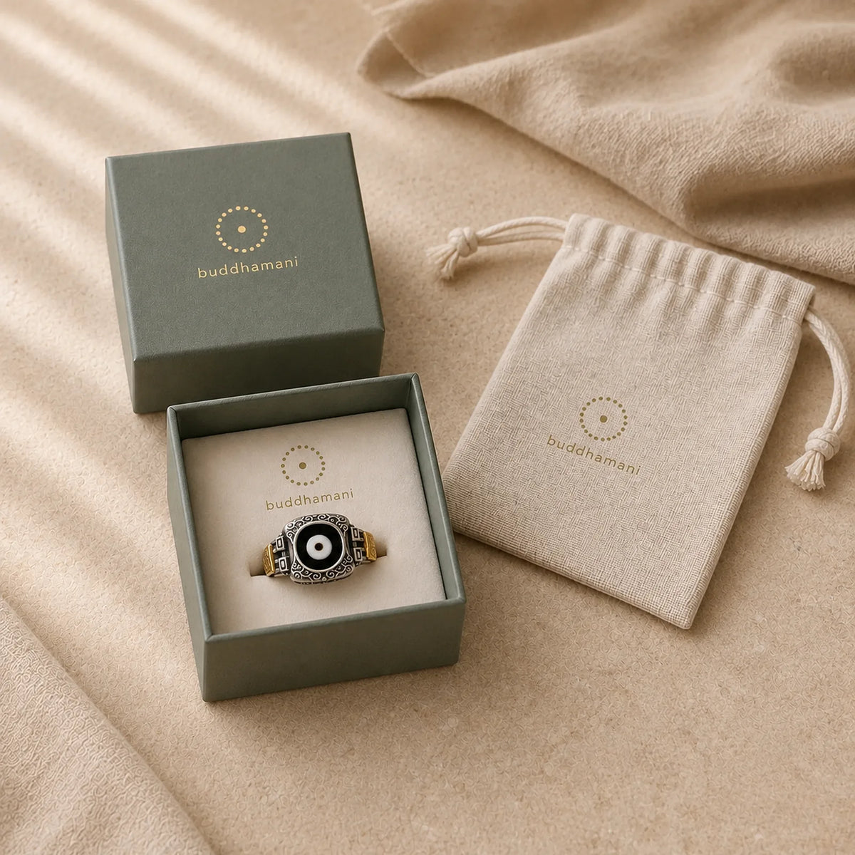 925 Sterling Silver Zakiram Goddess of Wealth Design Dzi Bead Protection Ring featuring Silver, Dzi Bead