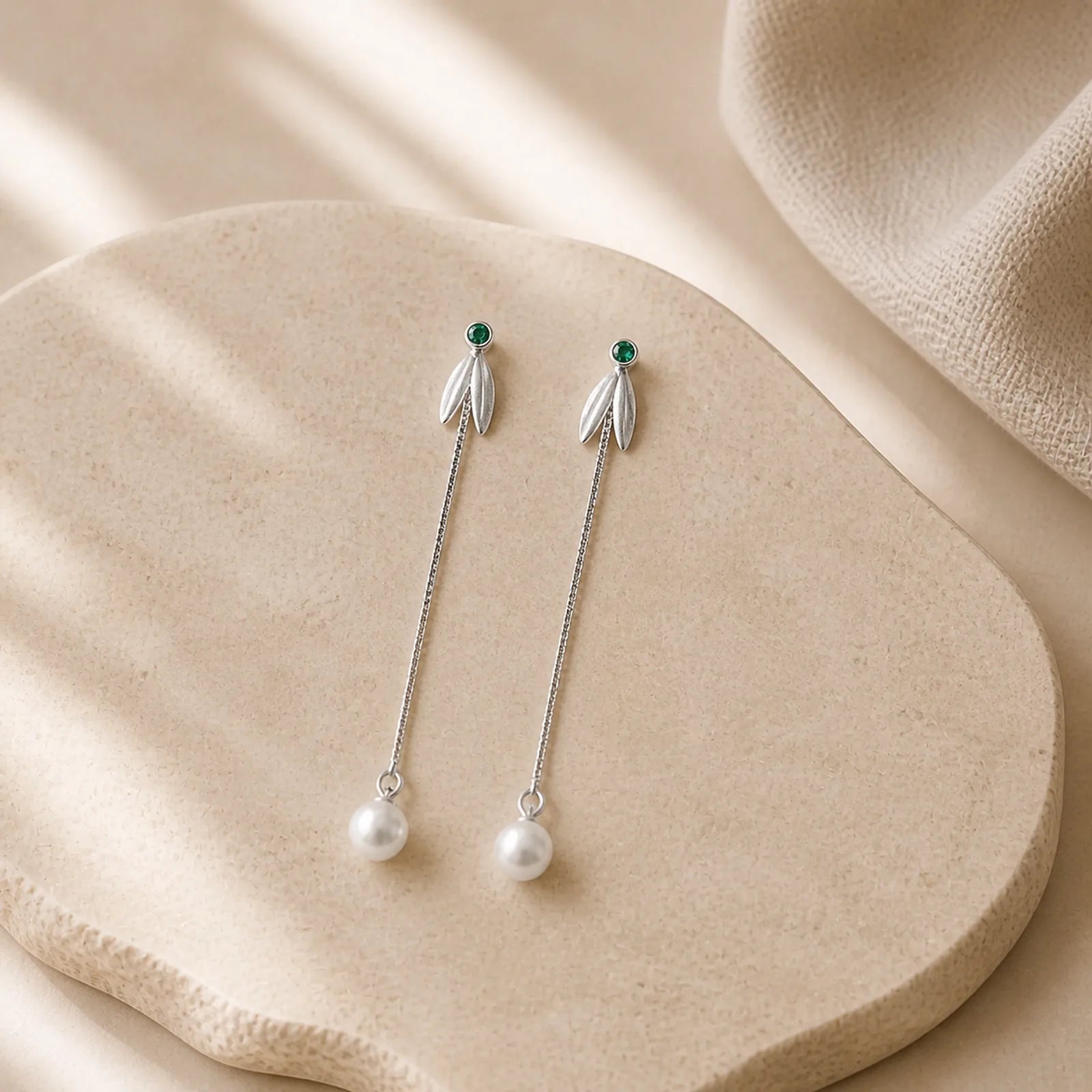 925 Sterling Silver Zircon Pearl Bamboo Leaves Protection Drop Earrings featuring Silver, Pearl, Bamboo