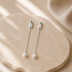925 Sterling Silver Zircon Pearl Bamboo Leaves Protection Drop Earrings featuring Silver, Pearl, Bamboo