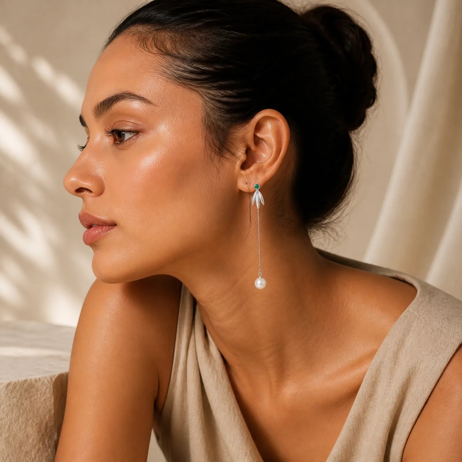 925 Sterling Silver Zircon Pearl Bamboo Leaves Protection Drop Earrings featuring Silver, Pearl, Bamboo
