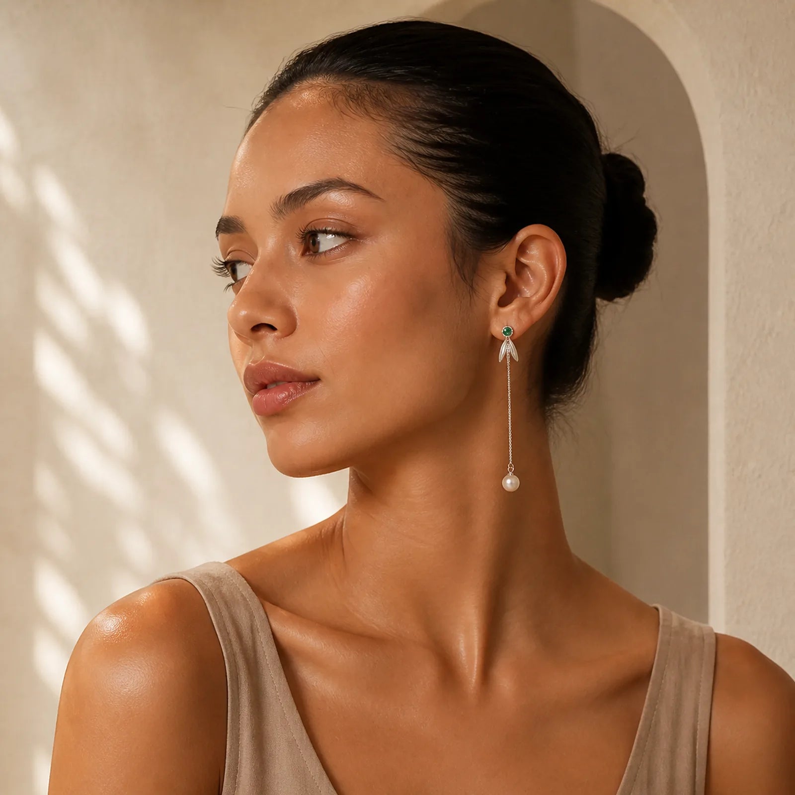 925 Sterling Silver Zircon Pearl Bamboo Leaves Protection Drop Earrings featuring Silver, Pearl, Bamboo