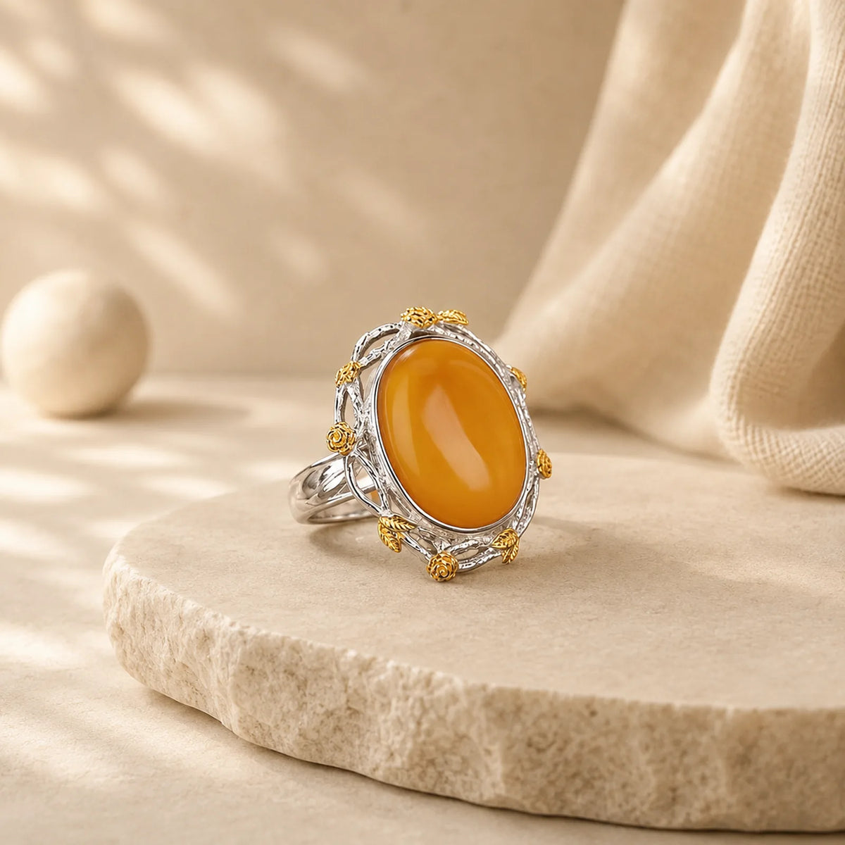 990 Sterling Silver Plated Gold Amber Focus Adjustable Ring featuring Silver, Amber