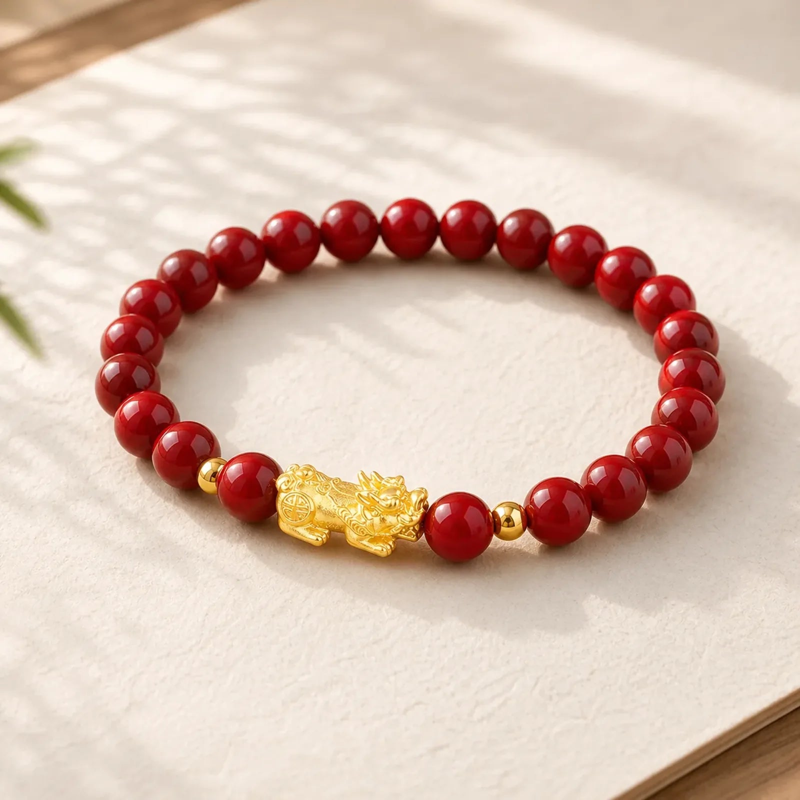 999 Gold 5D Hard Gold Cinnabar PiXiu Calm Bracelet featuring Cinnabar, Pixiu